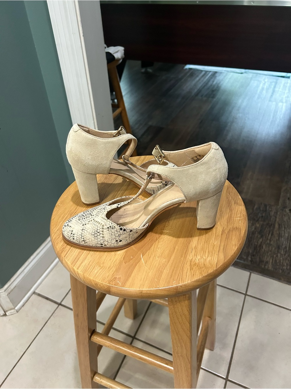 Clarks Beige Suede T-Strap Block Heel Pumps with Textured Toe